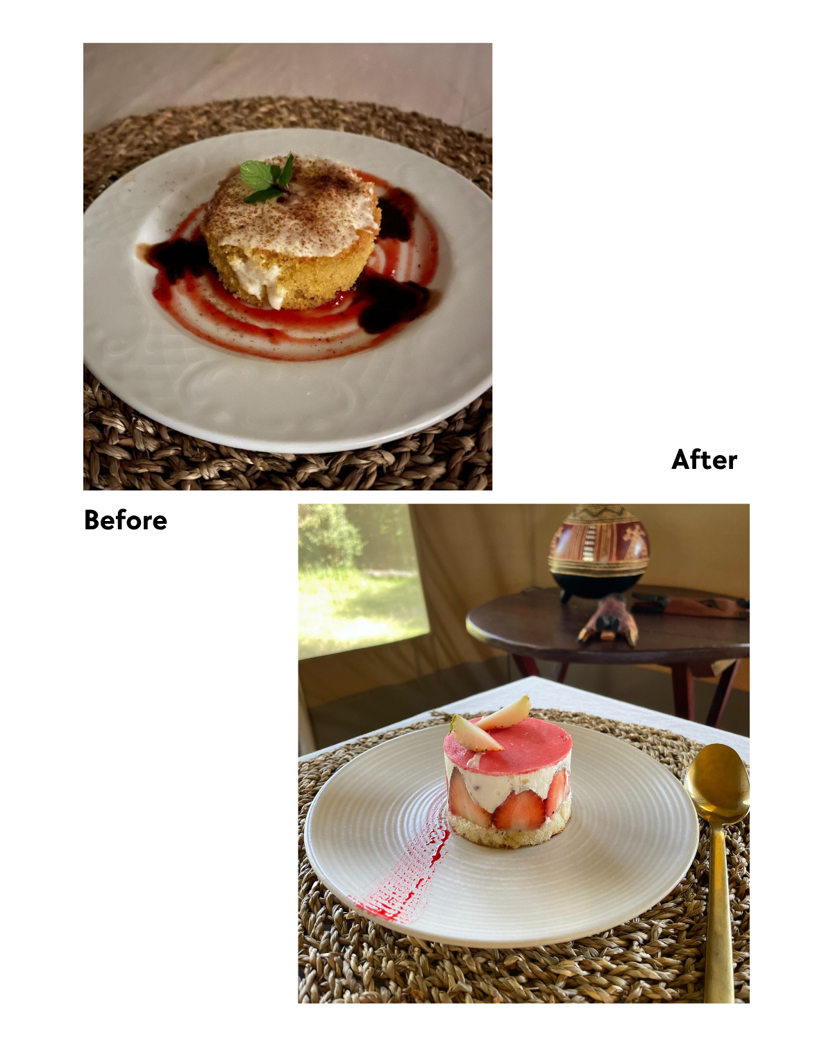 enkusero-kenya-before-after-plated-dessert Before/after plated dessert — cleaner finish, refined garnish (Enkusero Mara)