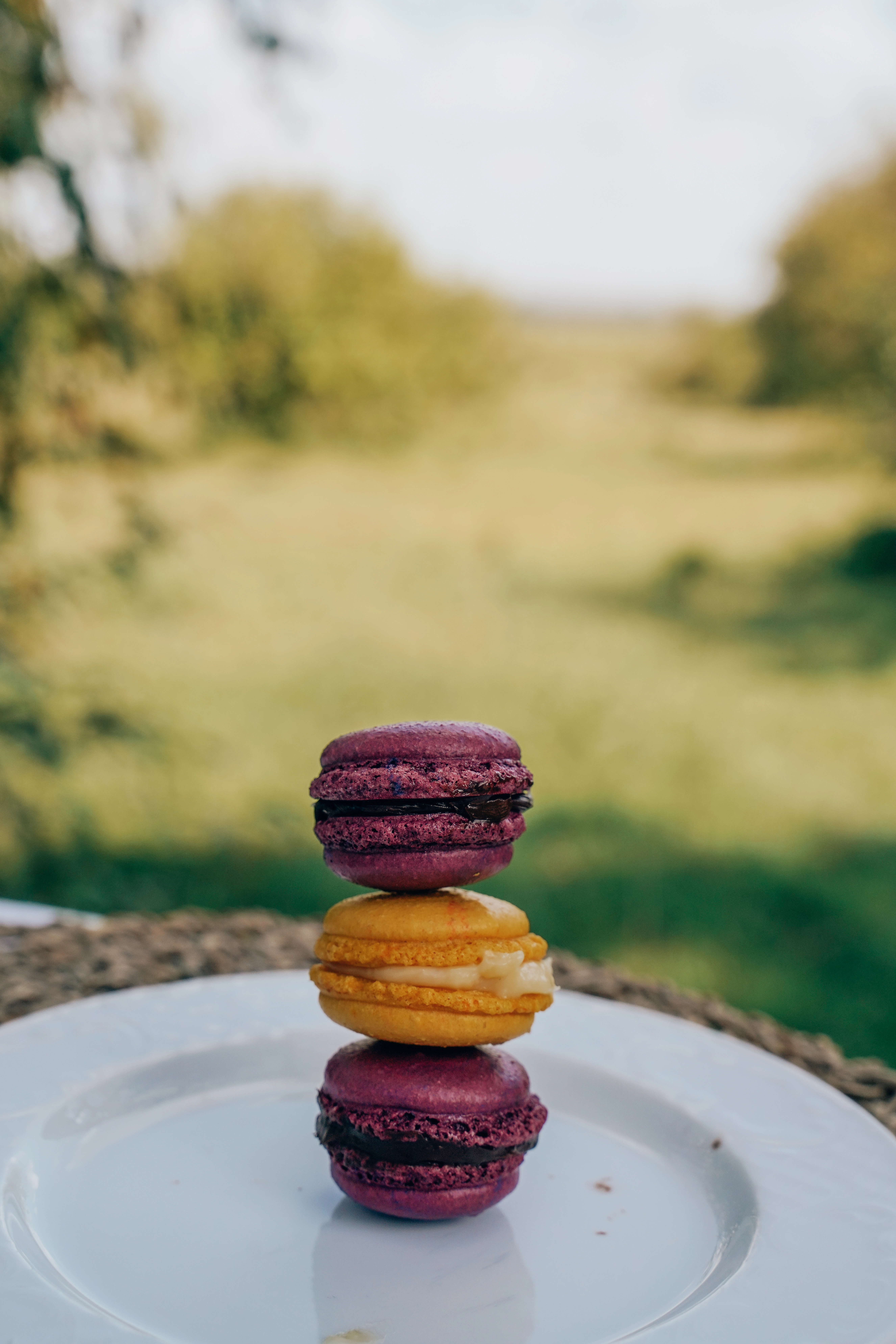 enkusero-kenya-macarons-outdoor-stack Purple and mango macarons stacked outdoors at a safari lodge (Kenya)